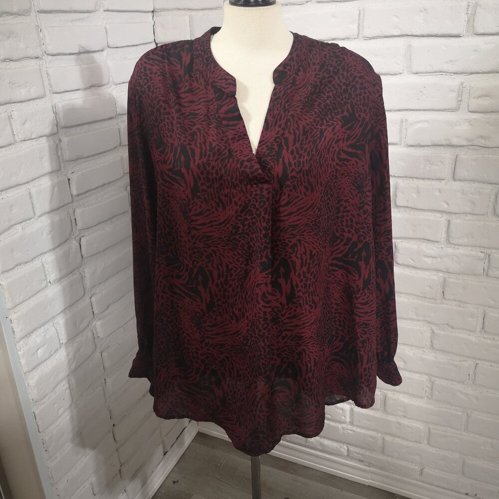 George Ladies Size XXL Burgundy & Black Tab Collar Long Sleeves V-neck Blouse